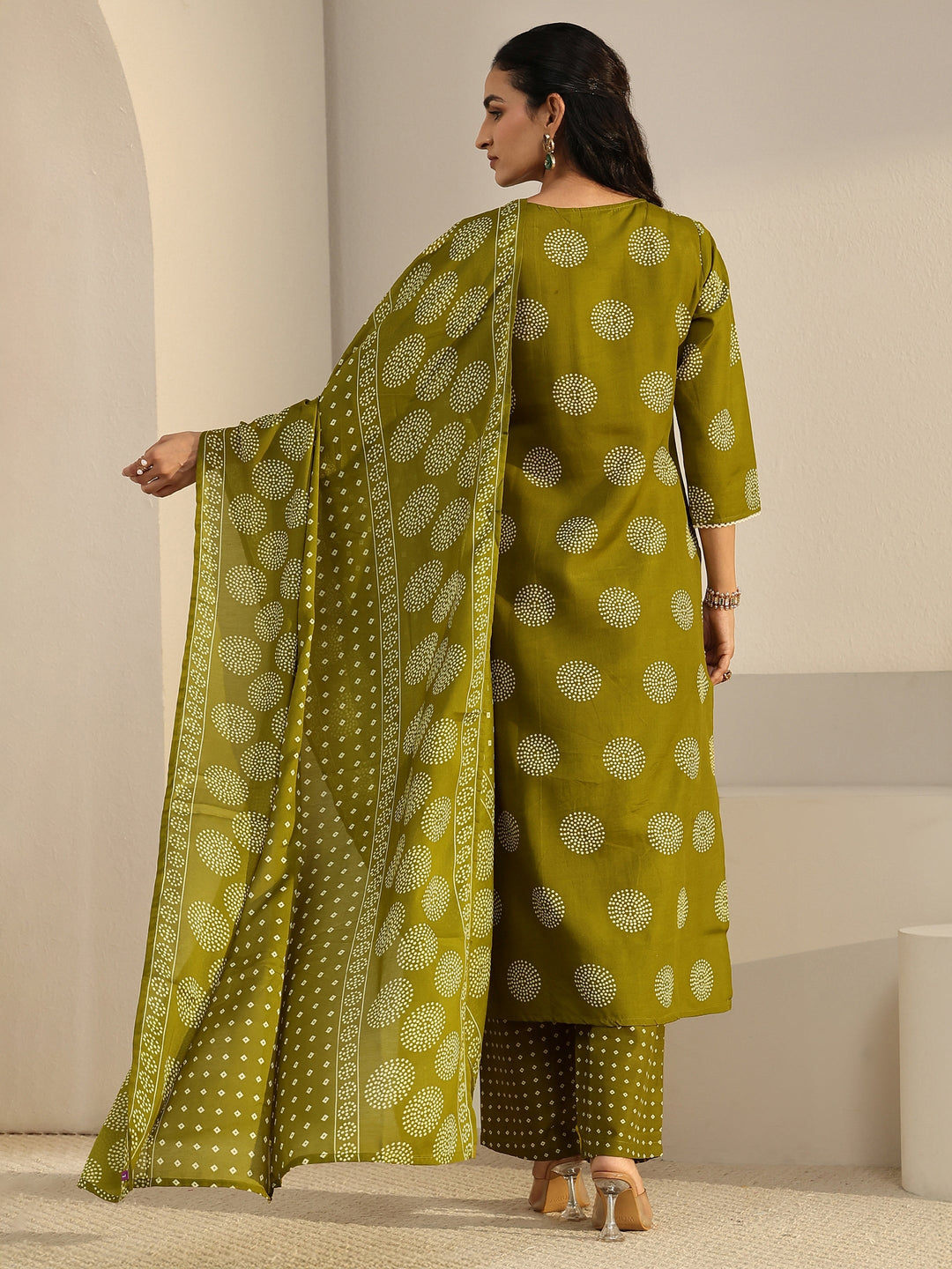 Gerua Green Circular Print Cotton Blend Straight Suit Set
