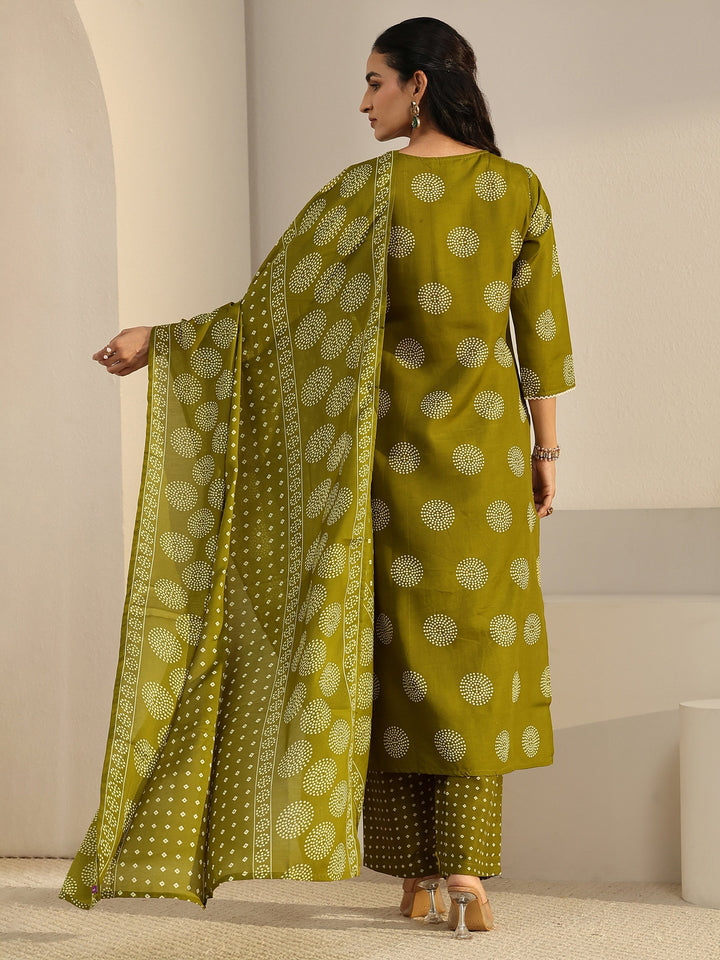 Gerua Green Circular Print Cotton Blend Straight Suit Set