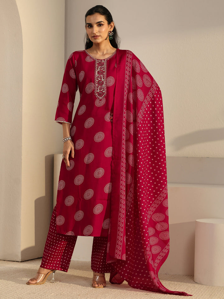 Gerua Red Circular Print Cotton Blend  Straight Suit Set