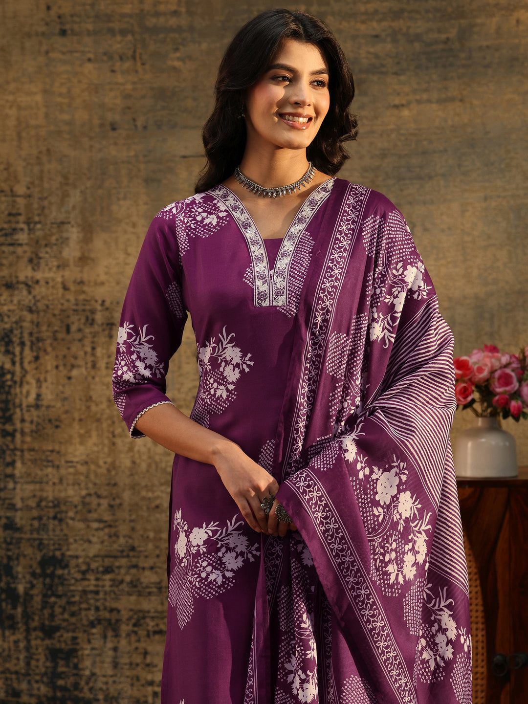 Gerua Burgundy Bandhani Cotton Blend Straight Suit Set