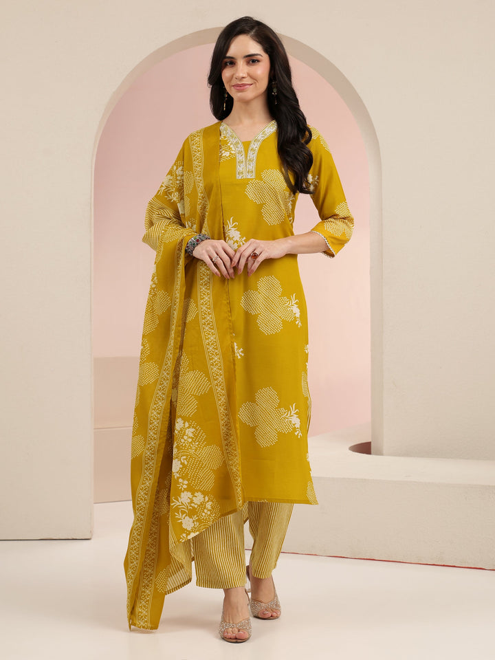 Gerua Mustard Bandhani Printed Cotton Blend Straight Suit Set