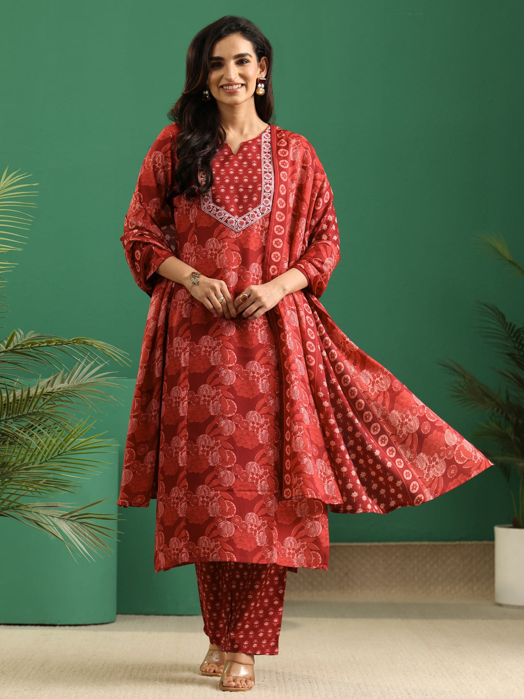 Gerua Maroon Floral Printed Cotton Blend A-Line Suit Set
