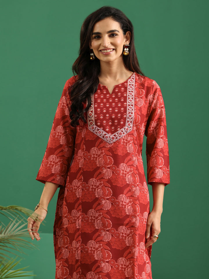 Gerua Maroon Floral Printed Cotton Blend A-Line Suit Set