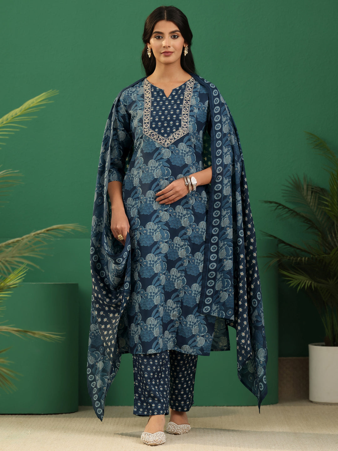 Gerua Blue Floral Printed Cotton Blend A-Line Suit Set
