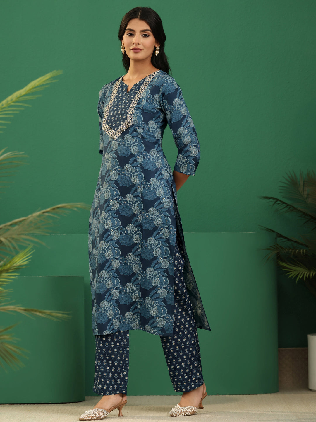 Gerua Blue Floral Printed Cotton Blend A-Line Suit Set
