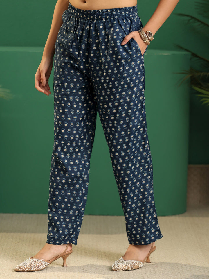 Gerua Blue Floral Printed Cotton Blend A-Line Suit Set