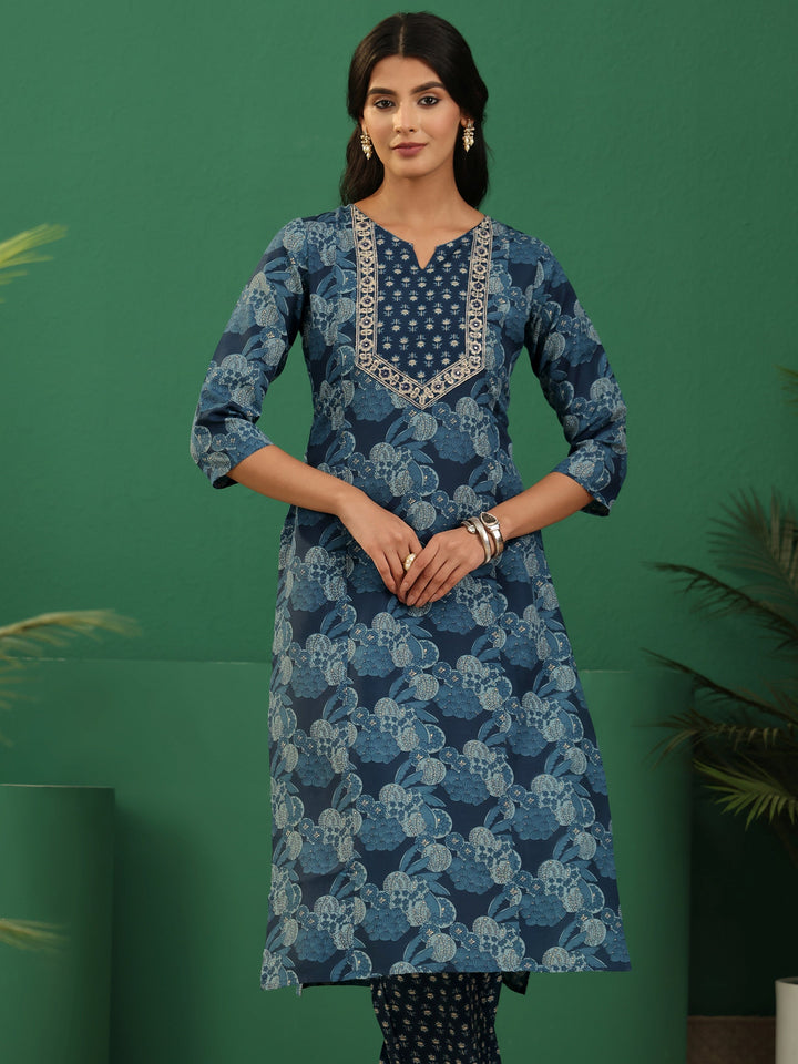 Gerua Blue Floral Printed Cotton Blend A-Line Suit Set