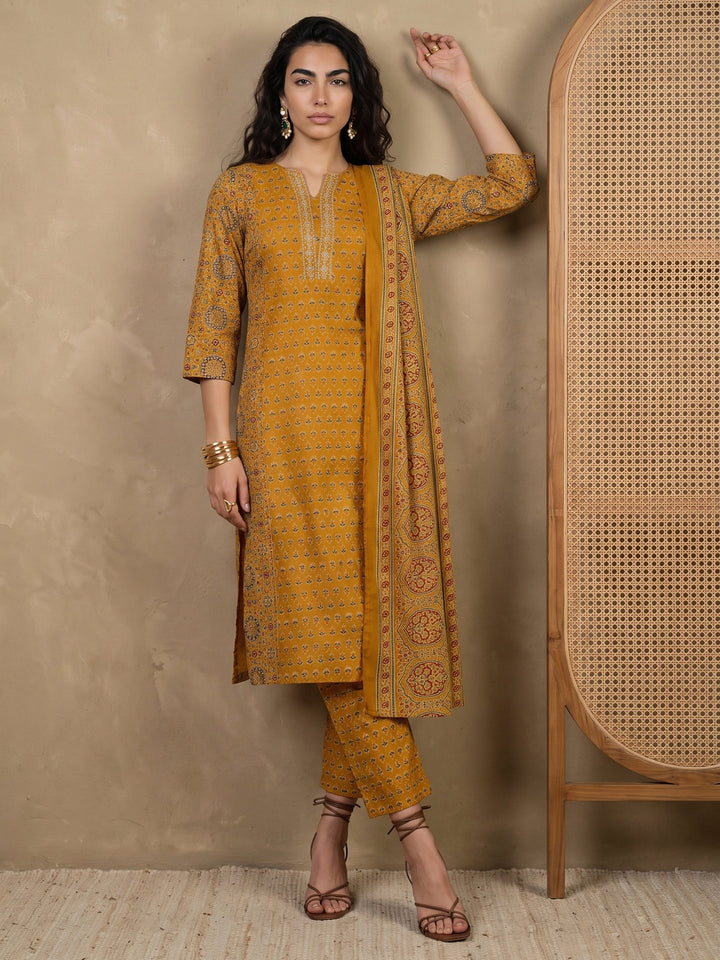 Gerua Mustard Printed Straight Suit Set