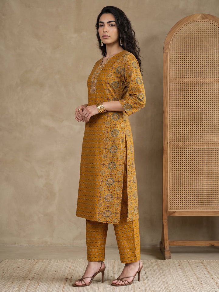 Gerua Mustard Printed Straight Suit Set