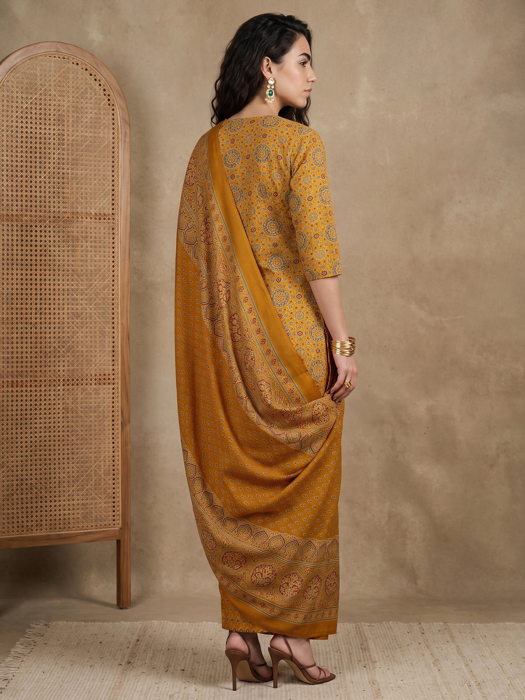 Gerua Mustard Printed Straight Suit Set