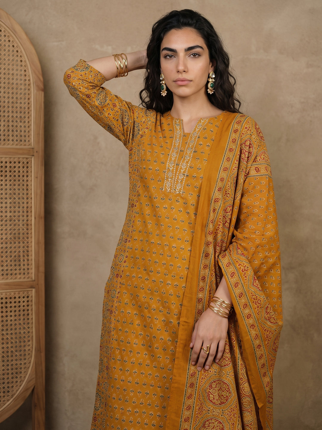 Gerua Mustard Printed Straight Suit Set
