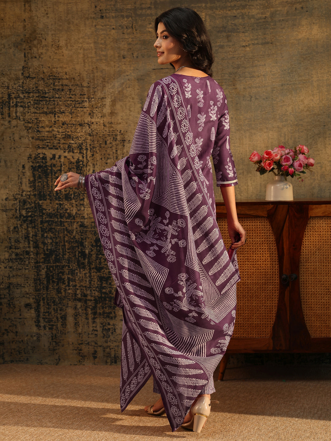 Gerua Burgundy Floral Printed Cotton Blend Straight Suit Set