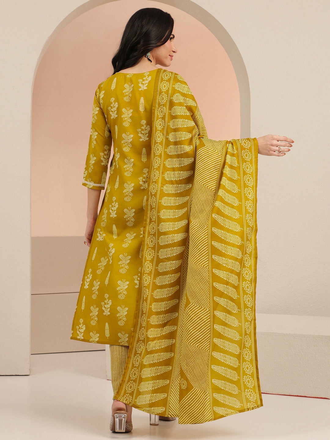 Gerua Mustard Floral Printed Cotton Blend Straight Suit Set