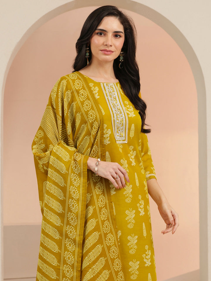 Gerua Mustard Floral Printed Cotton Blend Straight Suit Set