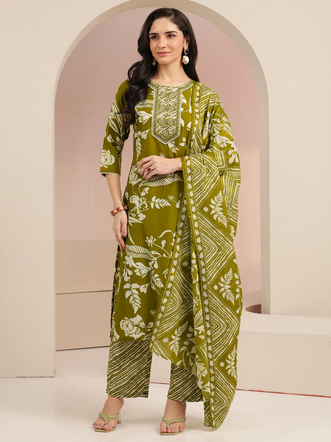 Gerua Olive Green Floral Printed Cotton Blend Straight Suit Set