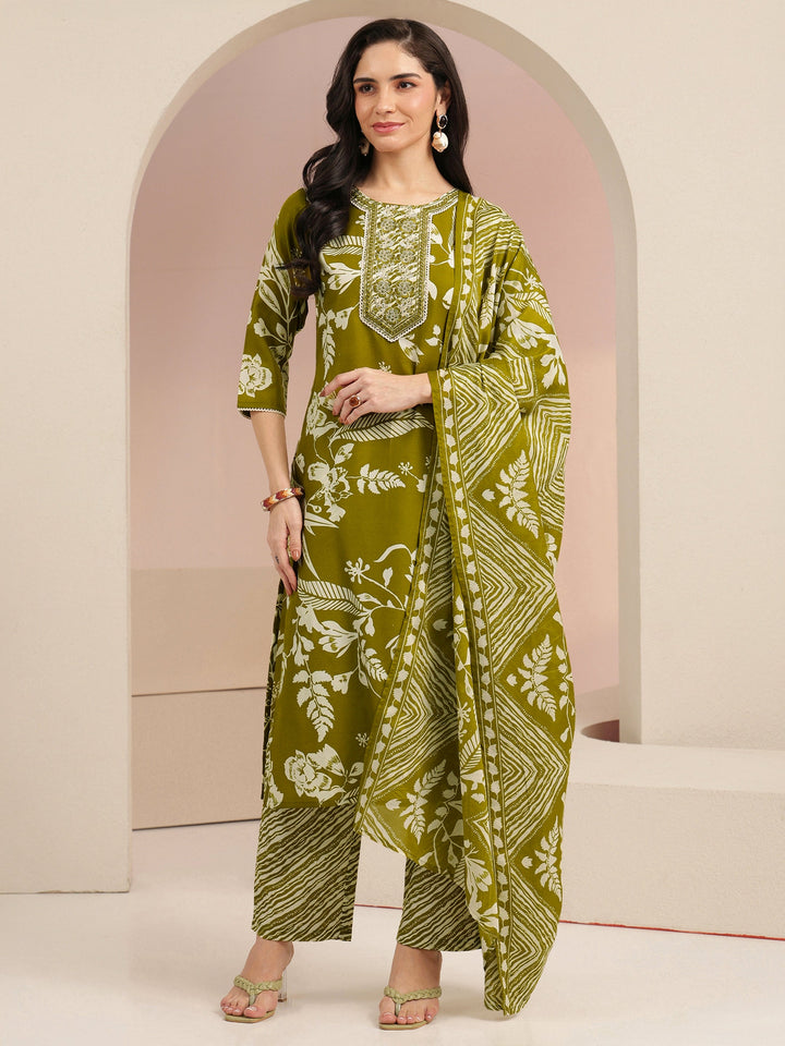 Gerua Olive Green Floral Printed Cotton Blend Straight Suit Set