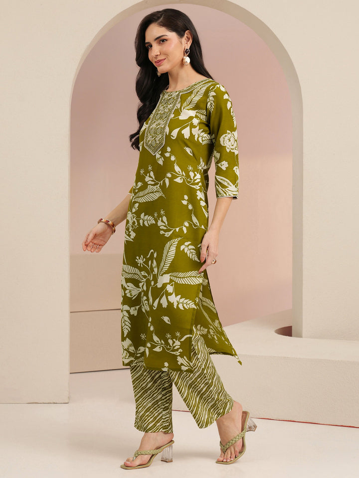 Gerua Olive Green Floral Printed Cotton Blend Straight Suit Set