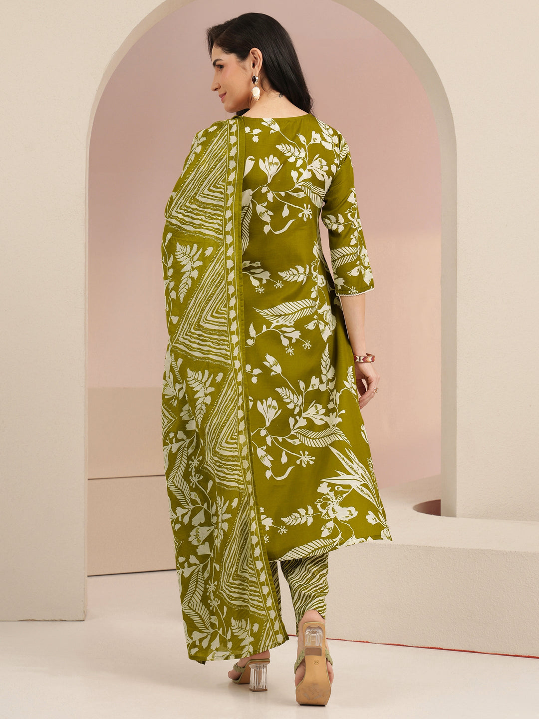 Gerua Olive Green Floral Printed Cotton Blend Straight Suit Set