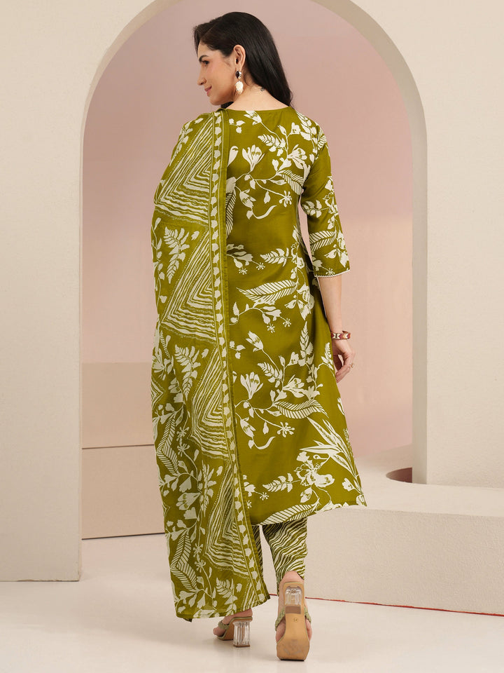Gerua Olive Green Floral Printed Cotton Blend Straight Suit Set