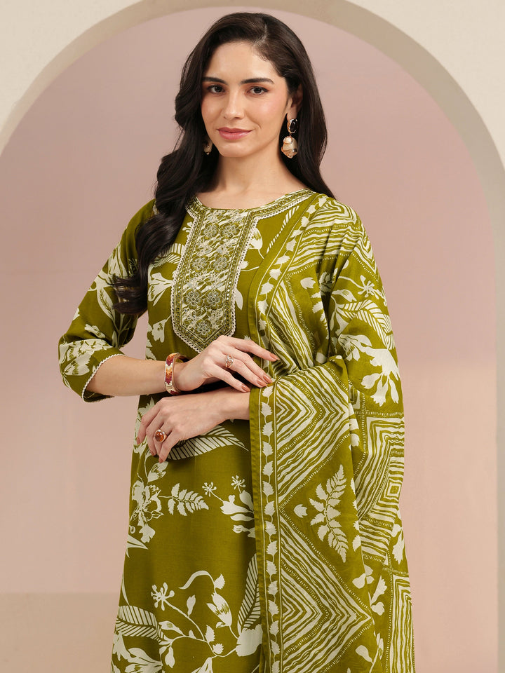 Gerua Olive Green Floral Printed Cotton Blend Straight Suit Set