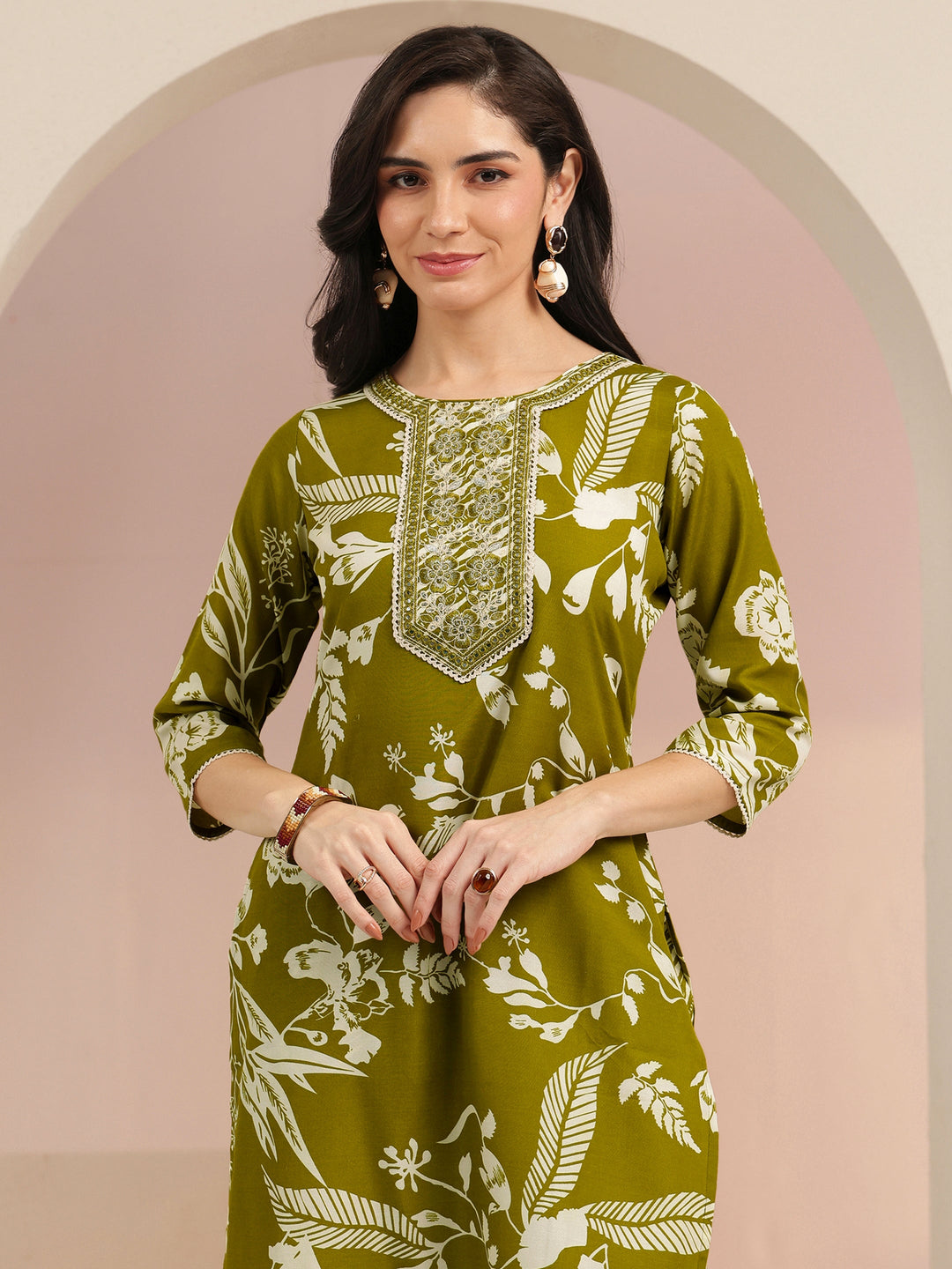 Gerua Olive Green Floral Printed Cotton Blend Straight Suit Set