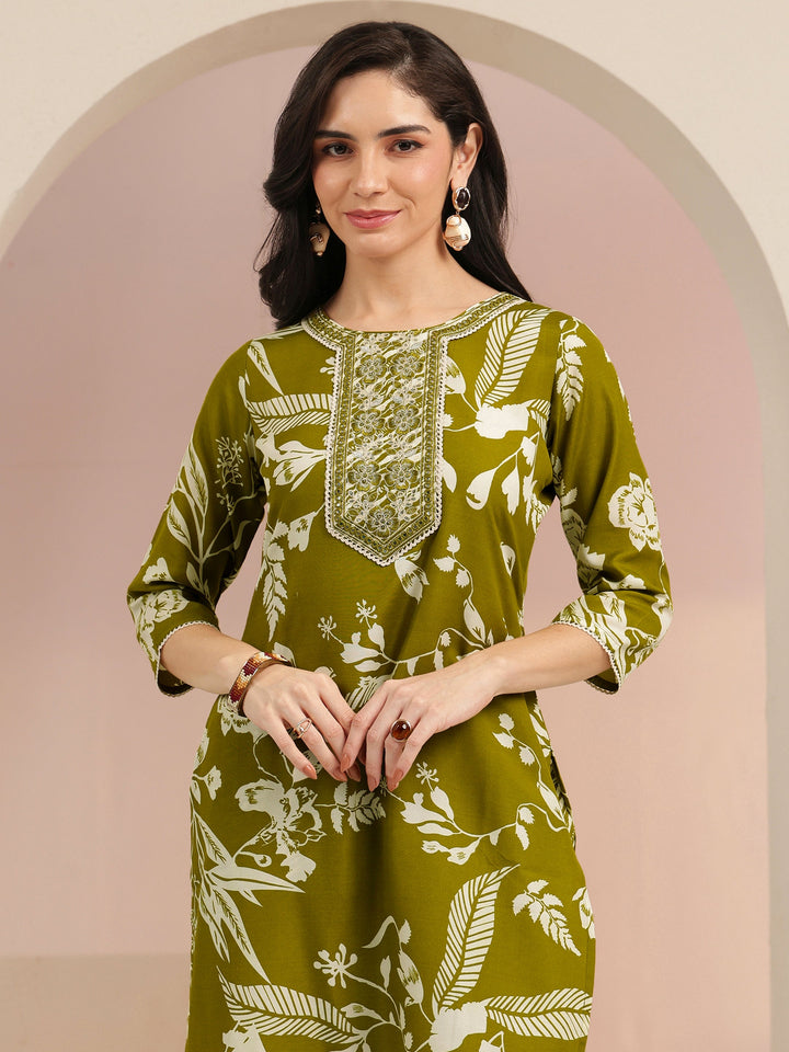 Gerua Olive Green Floral Printed Cotton Blend Straight Suit Set