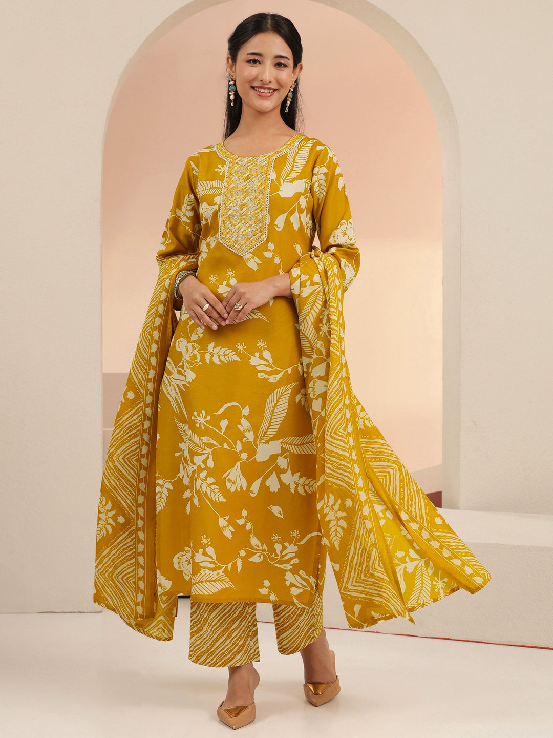 Gerua Mustard Floral Printed Cotton Blend Straight Suit Set