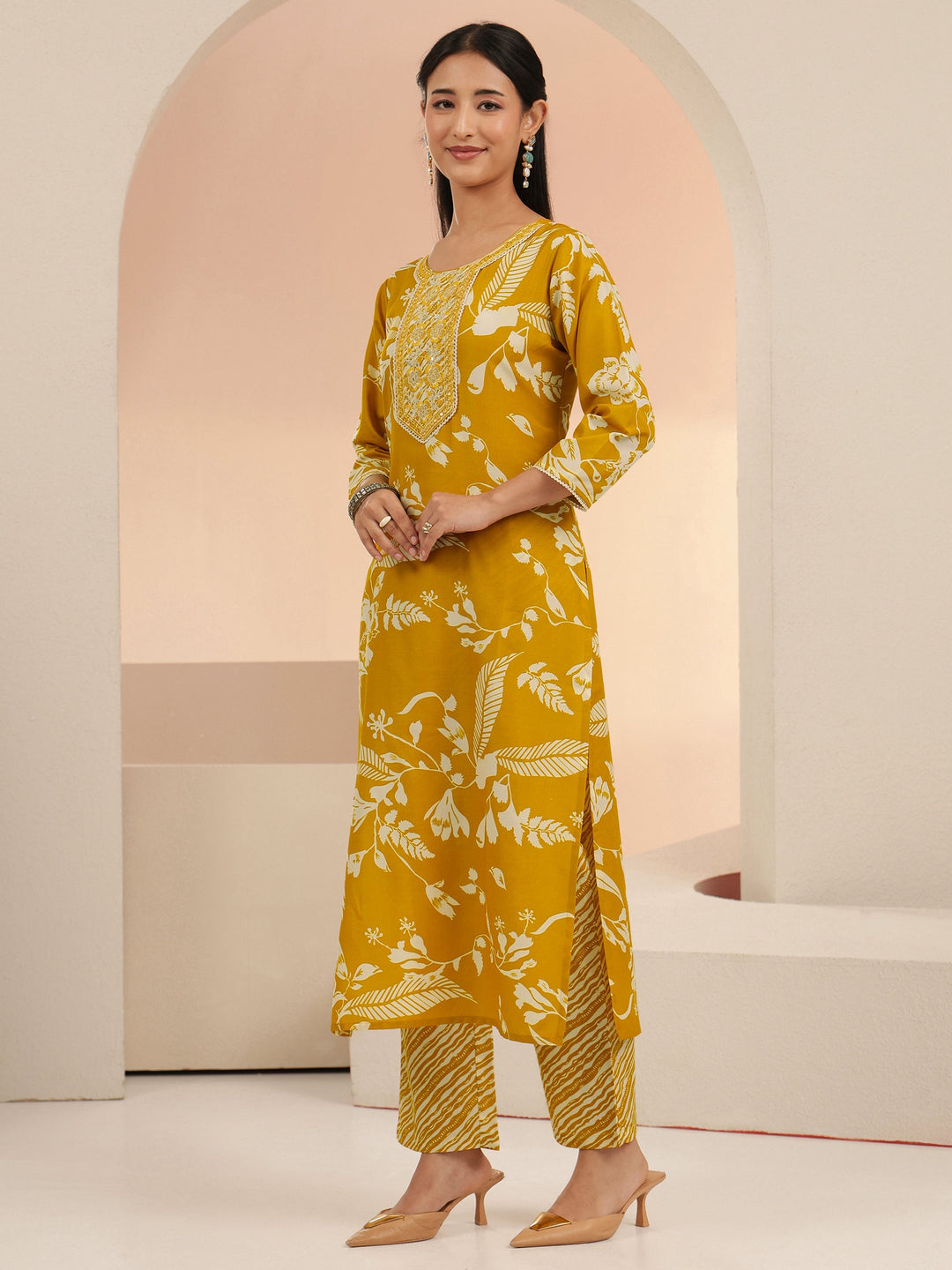 Gerua Mustard Floral Printed Cotton Blend Straight Suit Set