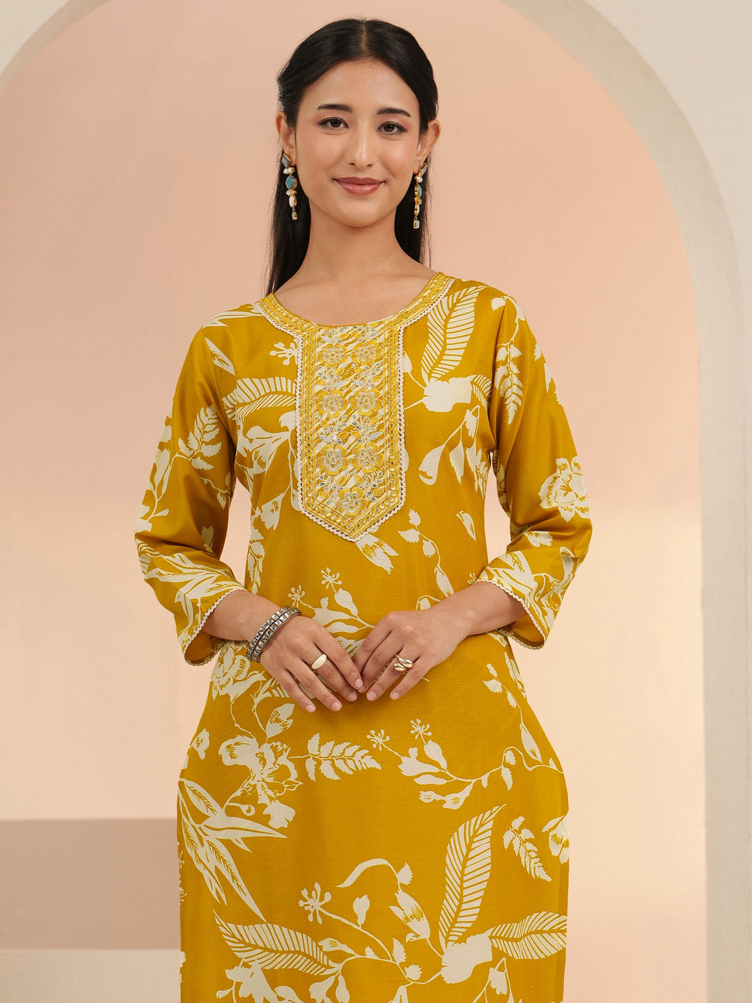 Gerua Mustard Floral Printed Cotton Blend Straight Suit Set