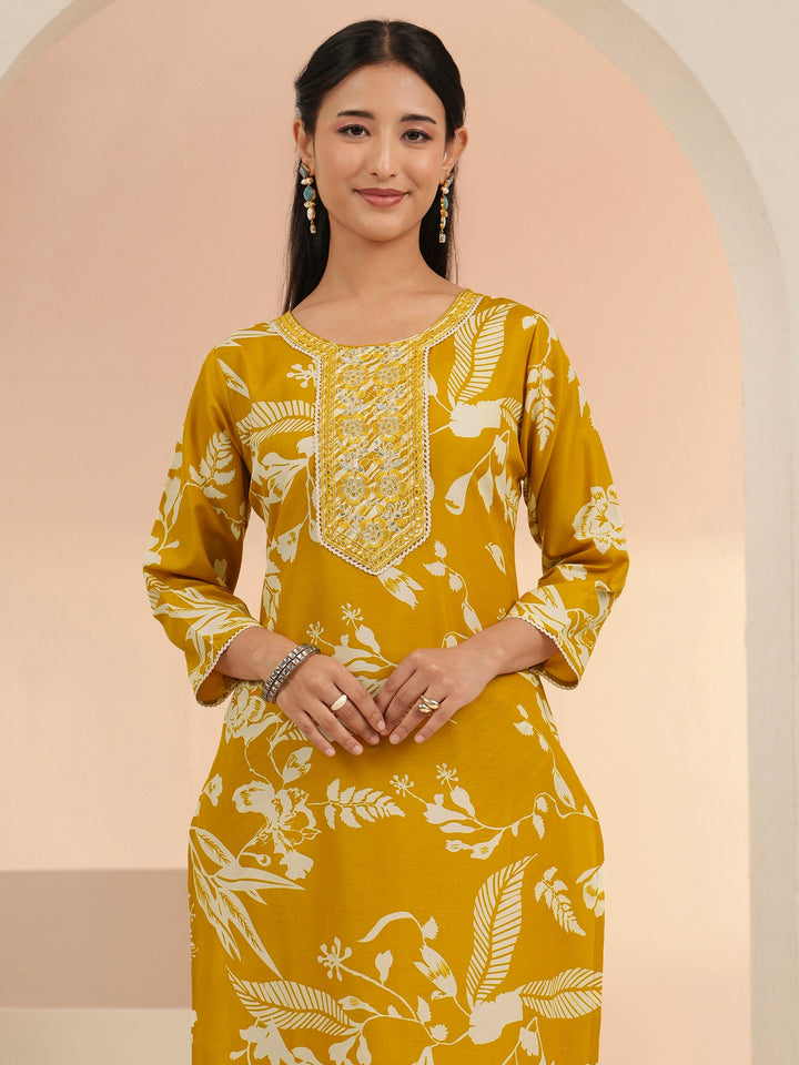 Gerua Mustard Floral Printed Cotton Blend Straight Suit Set