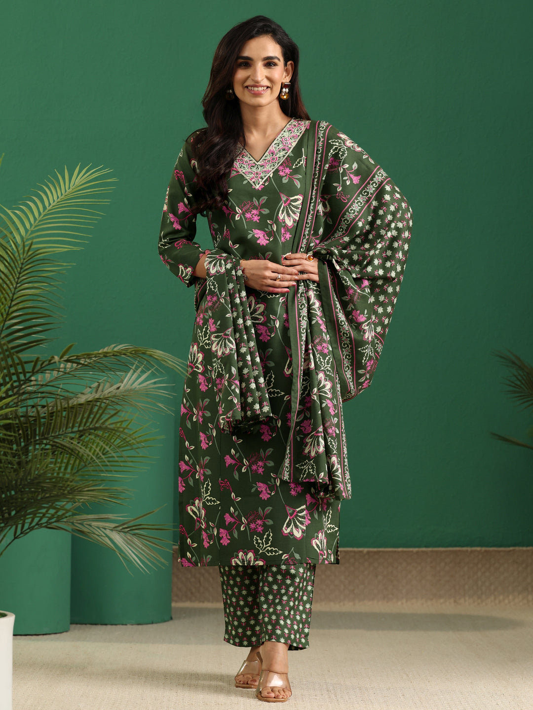 Gerua Olive Green Floral Printed Cotton Blend A-Line Suit Set