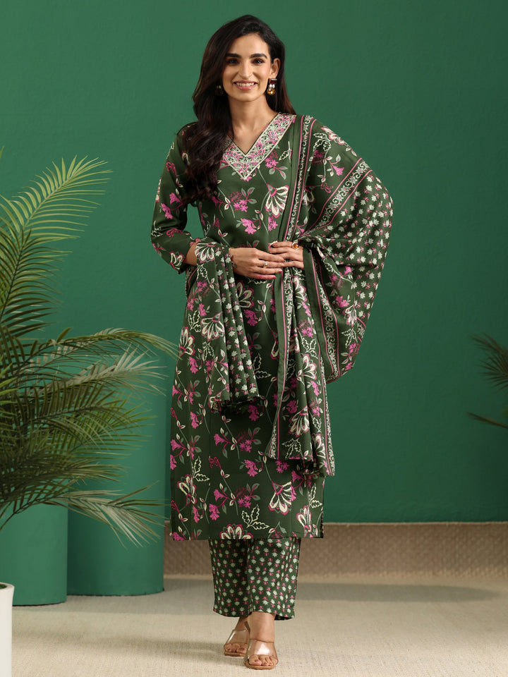 Gerua Olive Green Floral Printed Cotton Blend A-Line Suit Set
