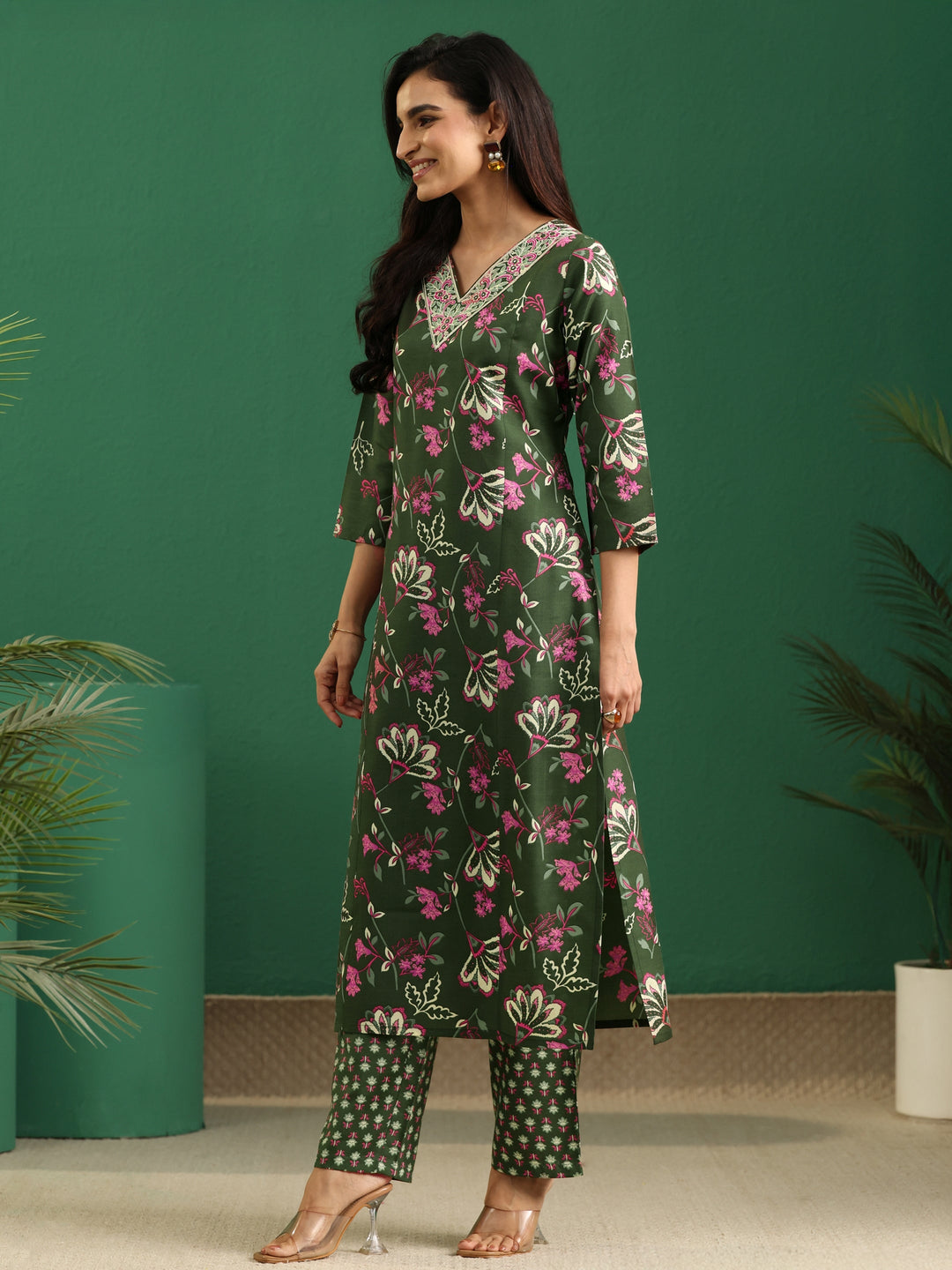 Gerua Olive Green Floral Printed Cotton Blend A-Line Suit Set