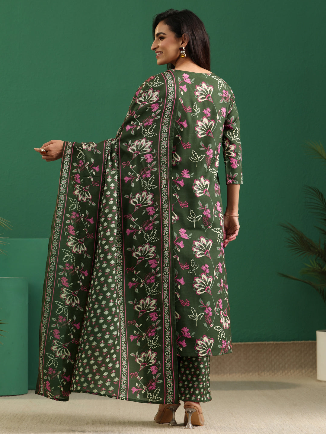 Gerua Olive Green Floral Printed Cotton Blend A-Line Suit Set