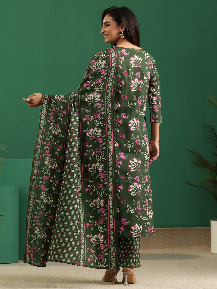 Gerua Olive Green Floral Printed Cotton Blend A-Line Suit Set