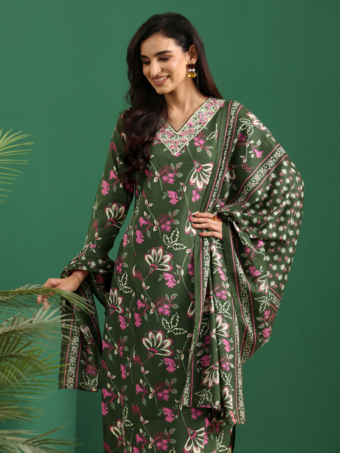 Gerua Olive Green Floral Printed Cotton Blend A-Line Suit Set