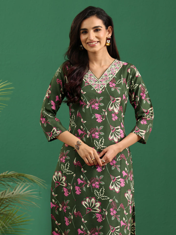 Gerua Olive Green Floral Printed Cotton Blend A-Line Suit Set