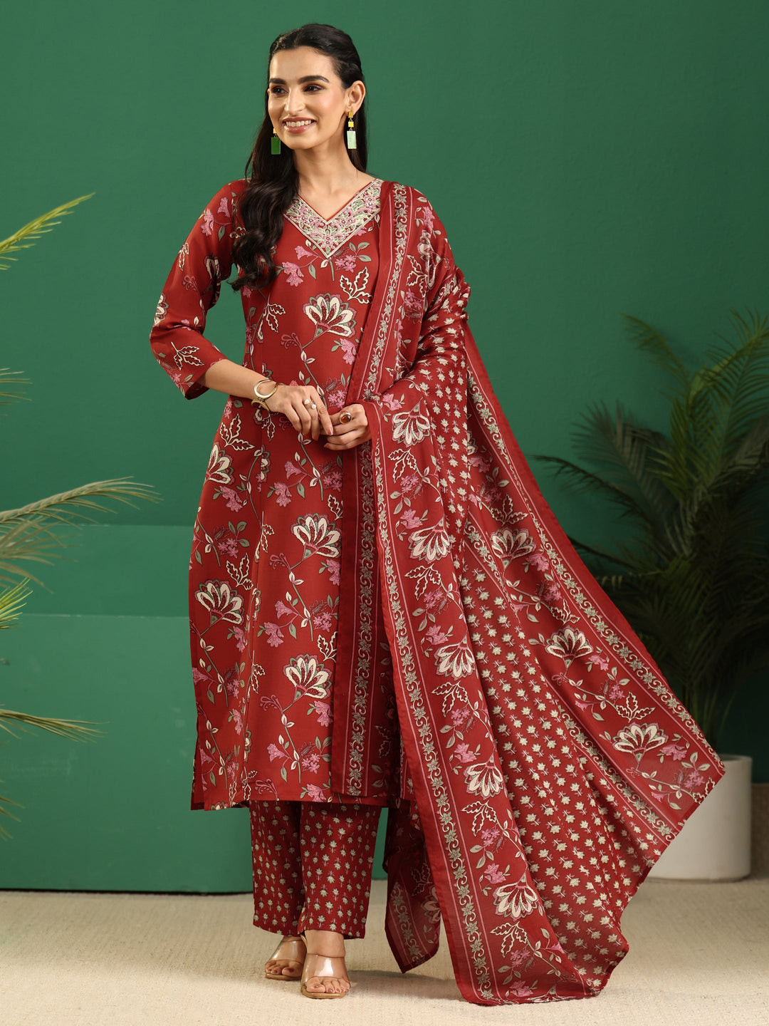 Gerua Crimson Red Floral Printed Cotton Blend A-Line Suit Set