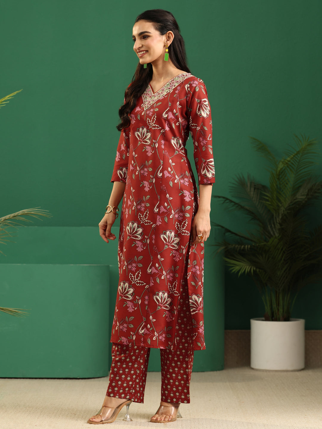 Gerua Crimson Red Floral Printed Cotton Blend A-Line Suit Set