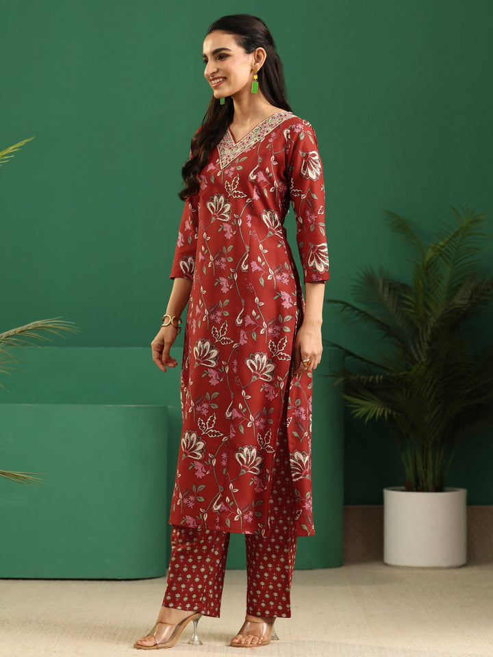 Gerua Crimson Red Floral Printed Cotton Blend A-Line Suit Set