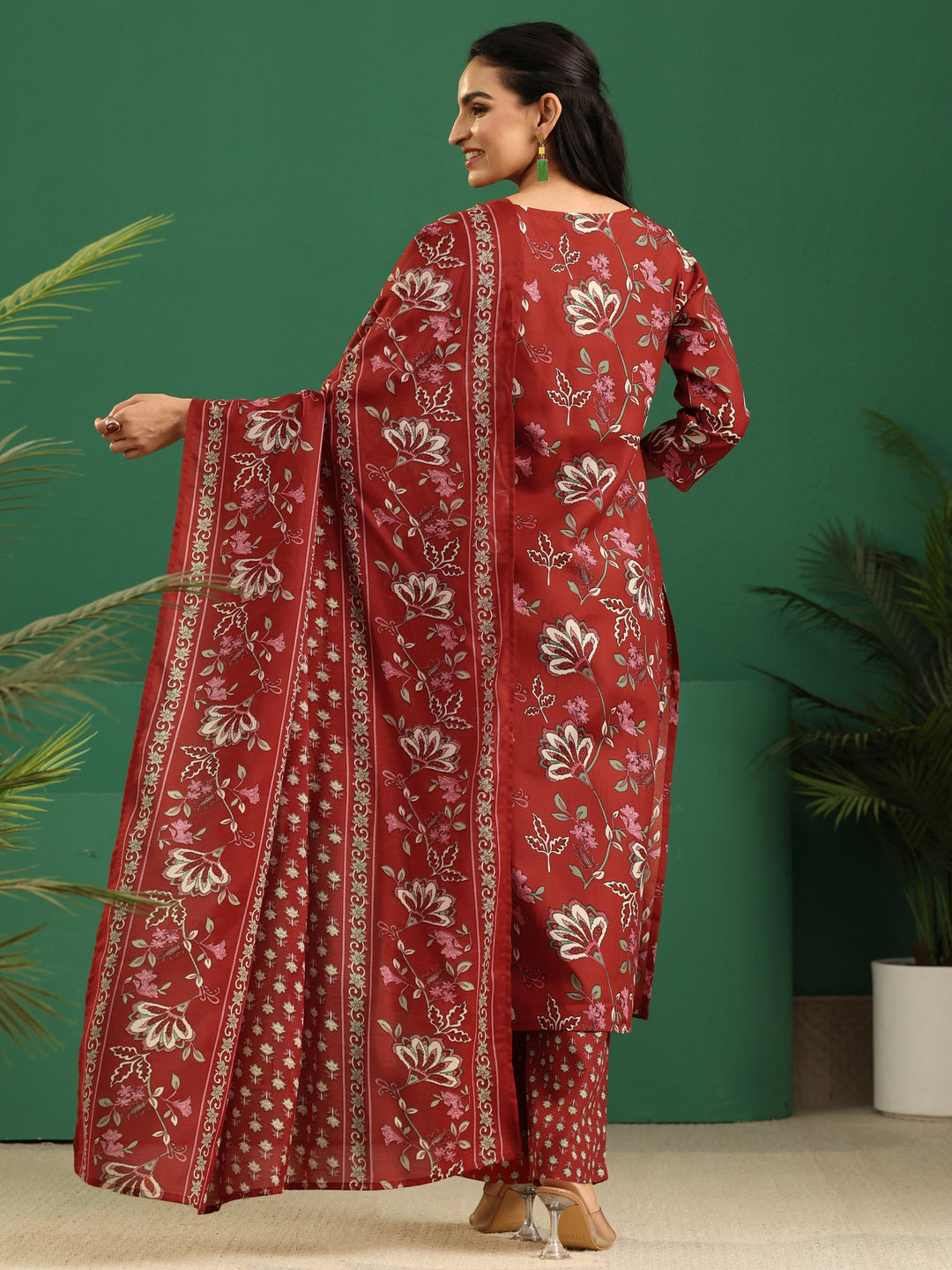 Gerua Crimson Red Floral Printed Cotton Blend A-Line Suit Set
