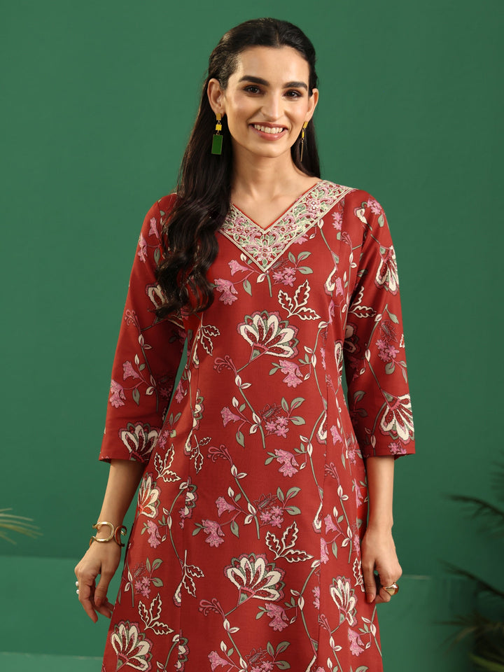 Gerua Crimson Red Floral Printed Cotton Blend A-Line Suit Set