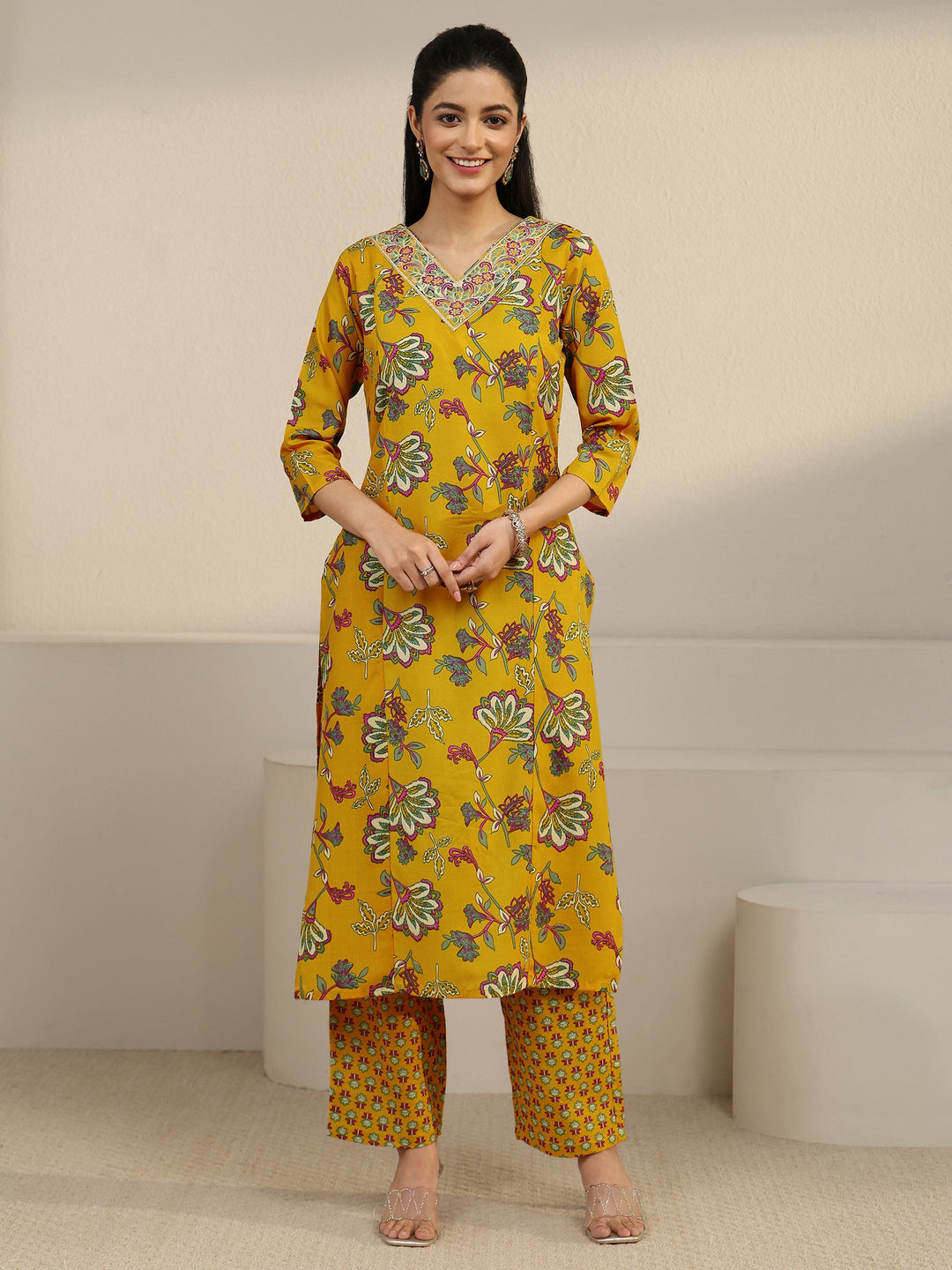 Gerua Yellow Floral Printed Cotton Blend Straight Suit Set