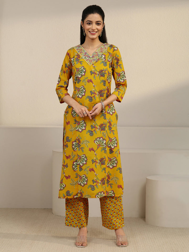 Gerua Yellow Floral Printed Cotton Blend Straight Suit Set