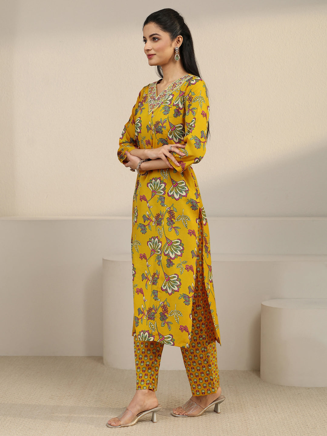 Gerua Yellow Floral Printed Cotton Blend Straight Suit Set