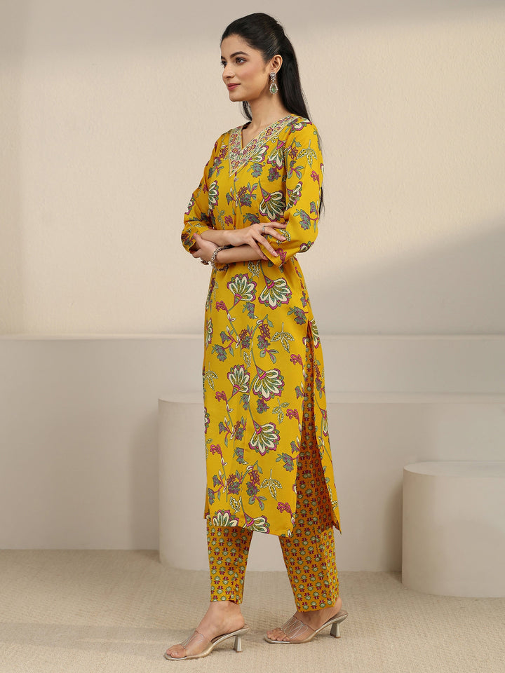 Gerua Yellow Floral Printed Cotton Blend Straight Suit Set