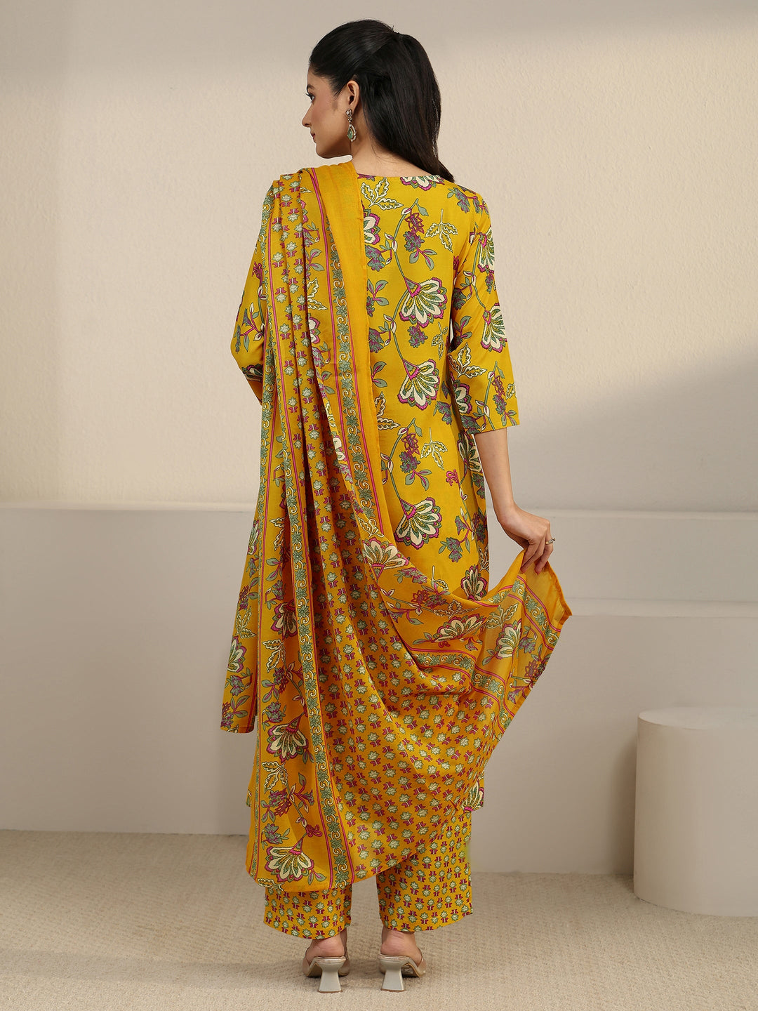 Gerua Yellow Floral Printed Cotton Blend Straight Suit Set