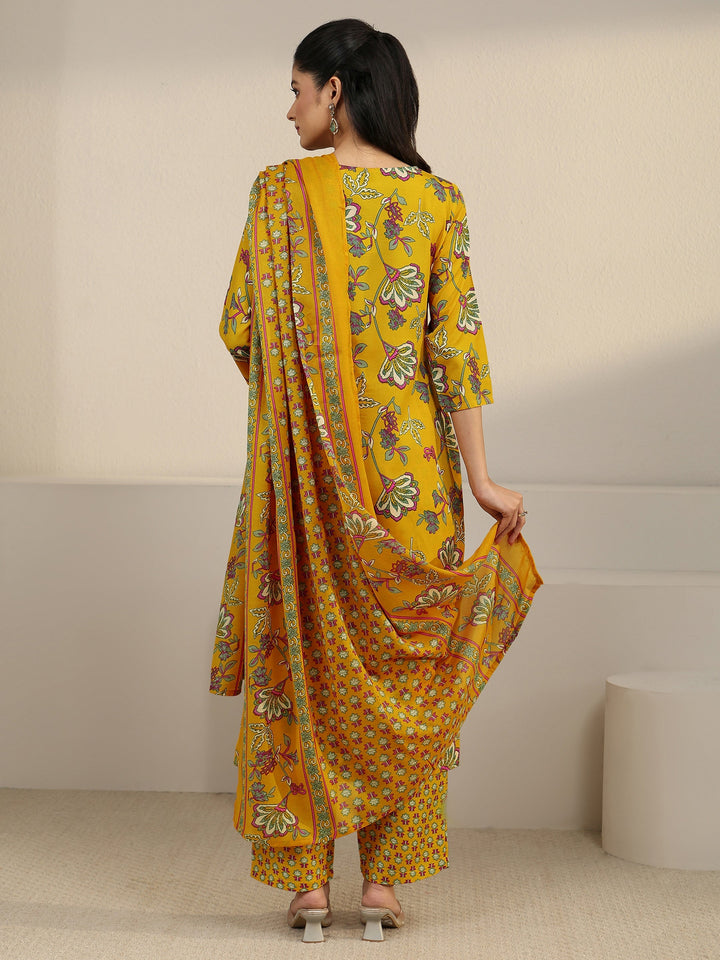 Gerua Yellow Floral Printed Cotton Blend Straight Suit Set