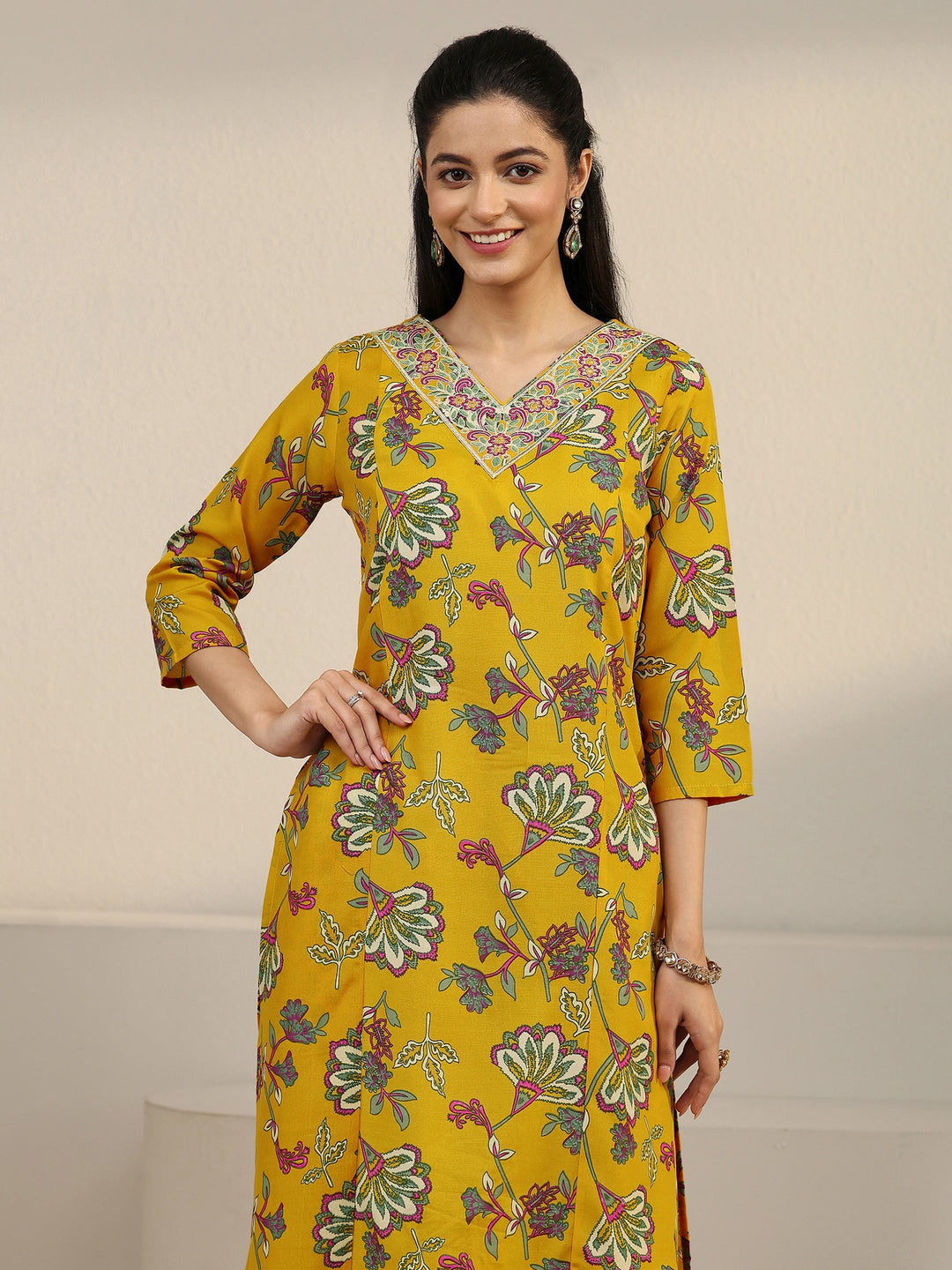 Gerua Yellow Floral Printed Cotton Blend Straight Suit Set