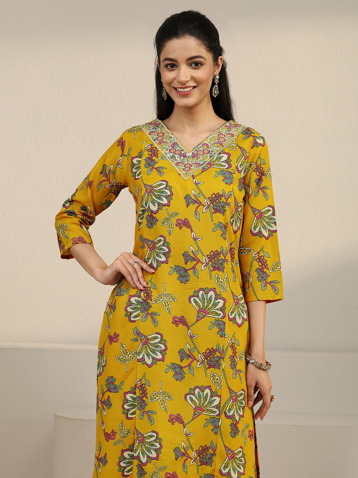 Gerua Yellow Floral Printed Cotton Blend Straight Suit Set